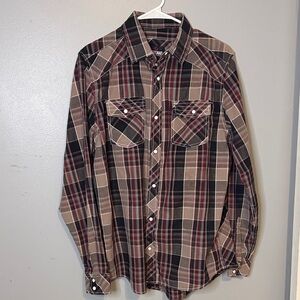 Red snap Men's Western Plaid Button-Down Shirt - Black, Brown, and Red With But